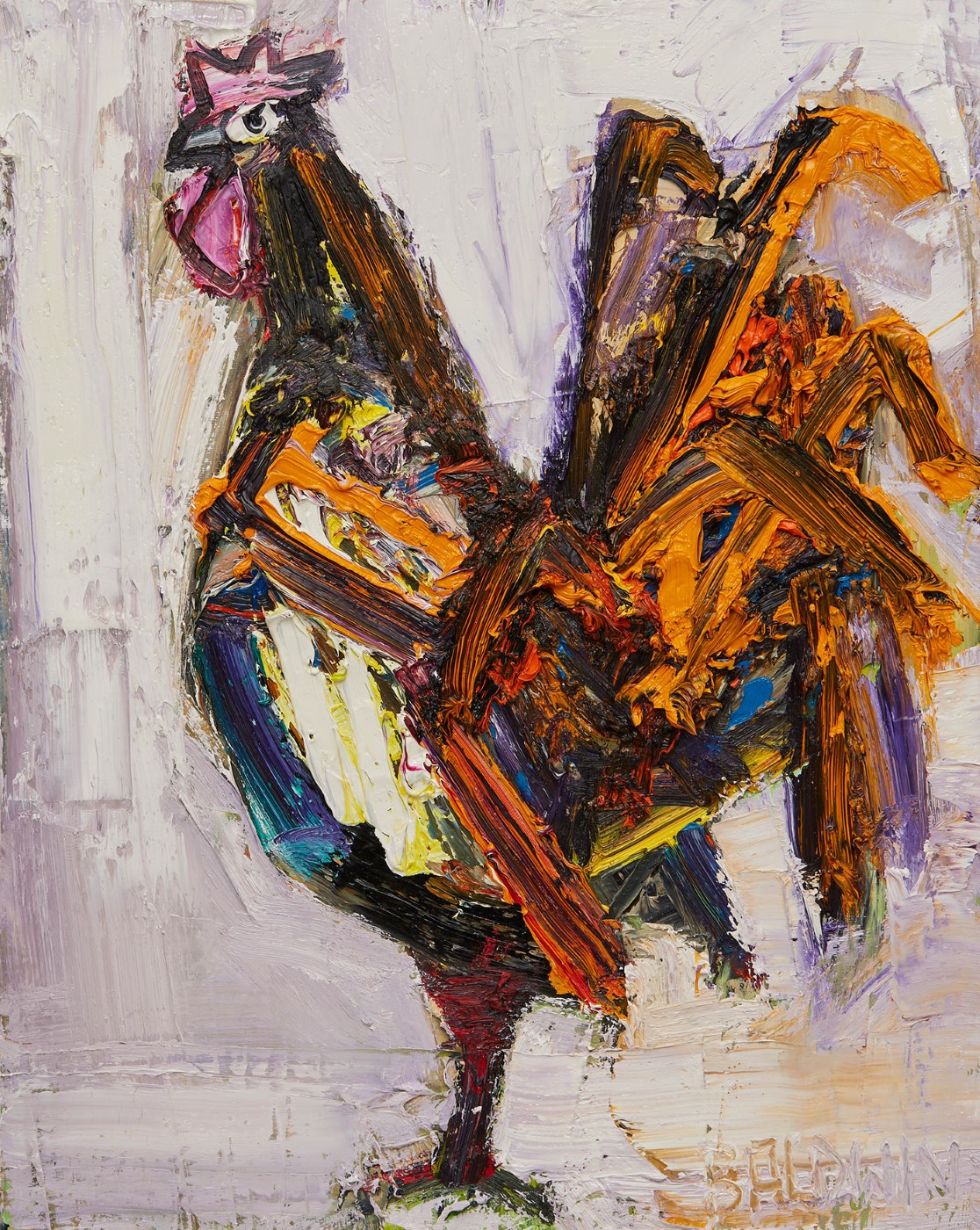 Cockerel with Hen on Rooftop